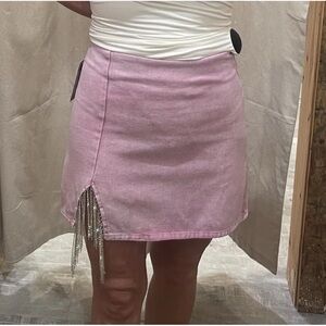 Sparkle Rhinestone Fringe Pink Denim Mini Skirt.  Women’s Large-High Waisted